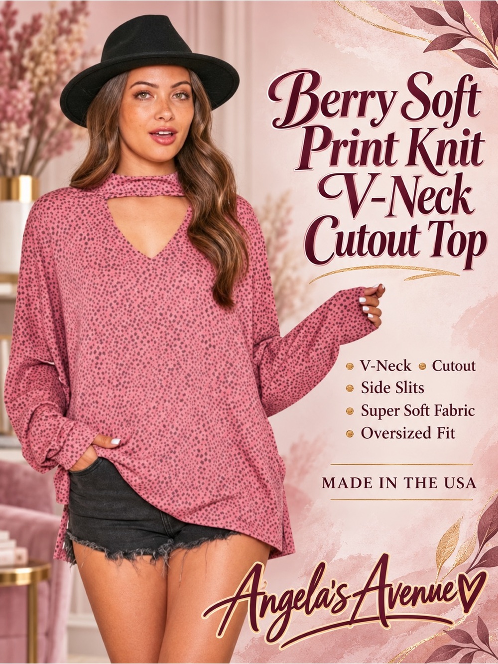 Berry Soft Print Knit V Neck Cutout Top NEW